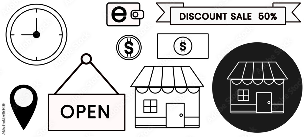 vector icon contains elements in the shop, such as time, location, money, place and others
