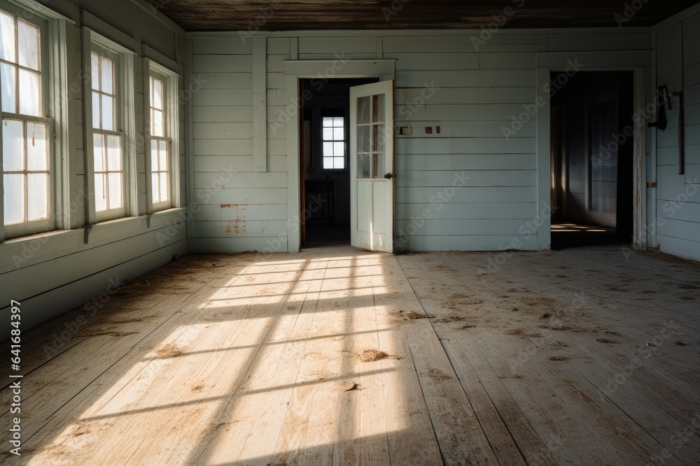 Empty room and wall and wooden floor with interesting with glare from the window. Interior background for the presentation. Generative AI Empty room and wall and wooden floor with interesting with glare from the window. Interior background for the presentation. Generative AI