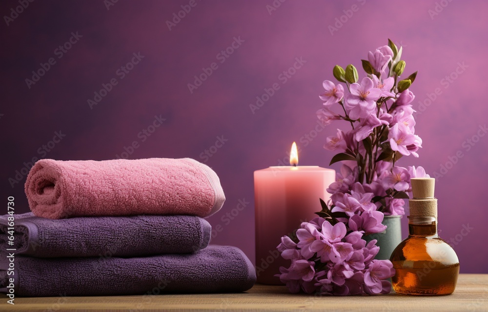 On a purple background, a pink candle, towel with flowers, and a bottle set the scene for a spa experience. Generative AI