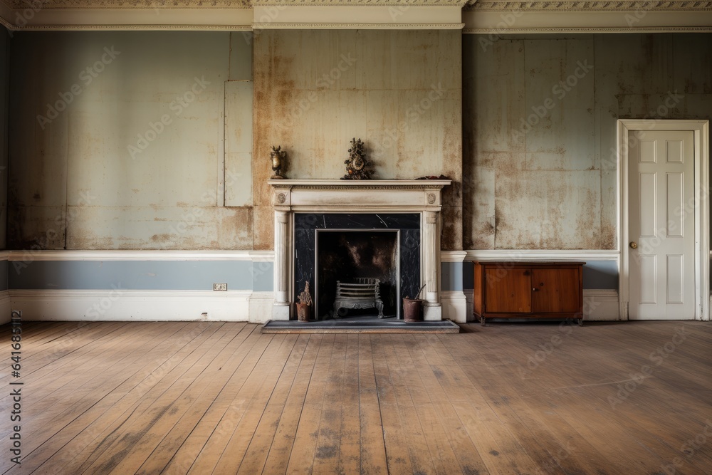 Fototapeta premium Empty room and fireplace with interesting with glare from the window. Interior background for the presentation. Generative AI