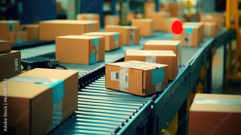Vivid Conveyor Belt: Top View of Moving Boxes After Warehousing Vivid Conveyor Belt: Top View of Moving Boxes After Warehousing