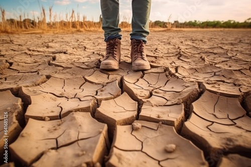 Disaster and crop failure. Feet of a farmer standing on parched landscape. The feet of a farmer on cracked dry soil. His field is dry. Global warming.