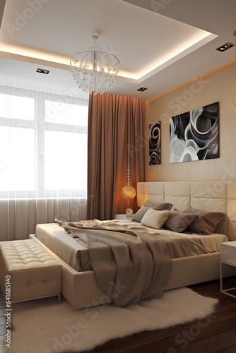Cozy bedroom interior with modern bed in modern luxury house.