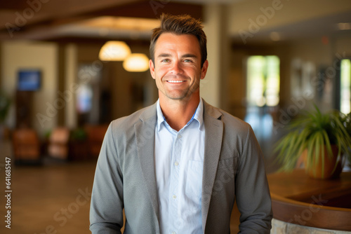 40-Year-Old PR Pro Beaming in Office Foyer