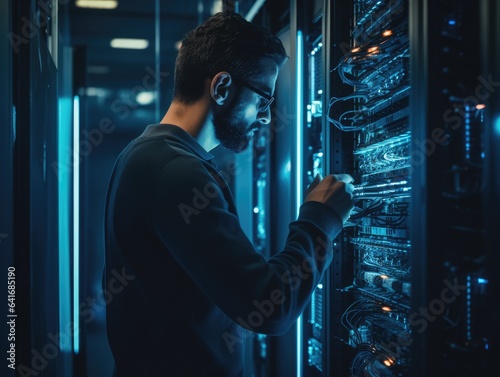 Generative AI illustration of side view serious bearded male engineer checking wires of hardware servers in modern data center