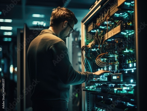 Generative AI illustration of side view serious bearded male engineer checking wires of hardware servers in modern data center