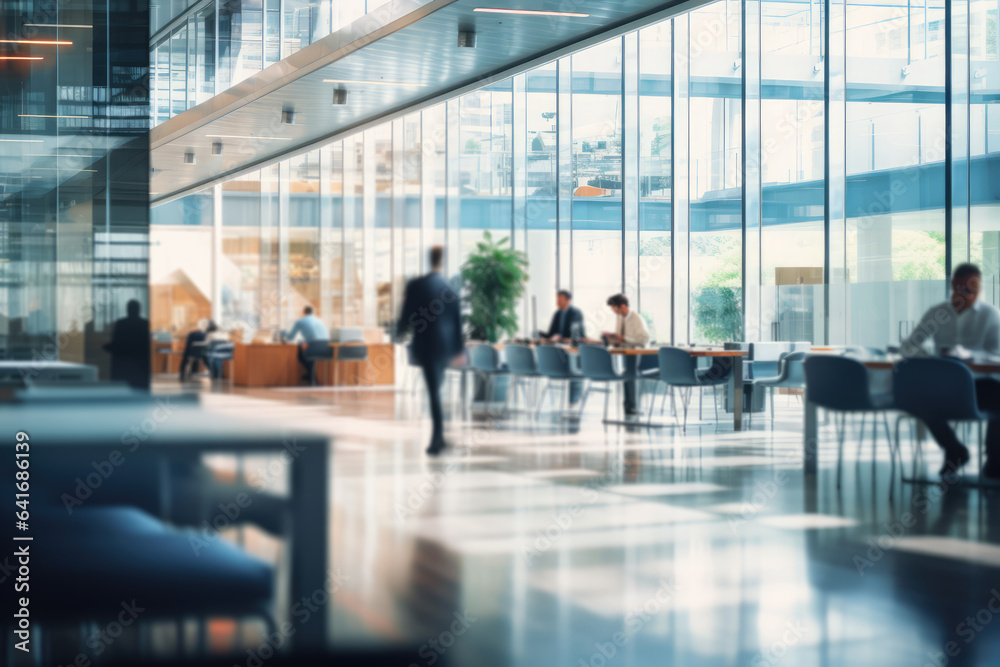 Blurry Modern Office Setting with Employees in Action, for Text Overlay, Soft Focus - Dynamic Workplace - AI Generated
