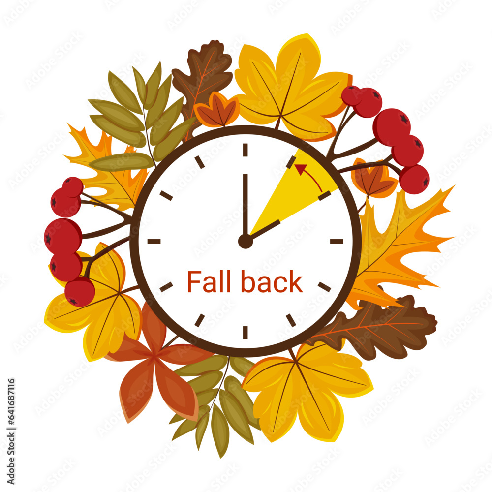 Daylight saving time ends. Fall back change clocks. Vector illustration with a clock turning an