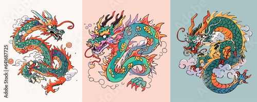 Three various cards with Dragons. Mythological creatures.