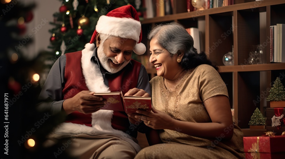 Joyful Indian Senior Couple Celebrating Christmas with Gifts by the Tree. Generative AI