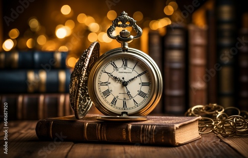 A chained ancient clock hangs against a background of old books. A retro clock represents time, just as a book represents knowledge. History, nostalgia, culture, old, and antique. Generative AI