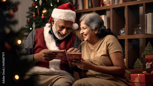 Joyful Indian Senior Couple Celebrating Christmas with Gifts by the Tree. Generative AI