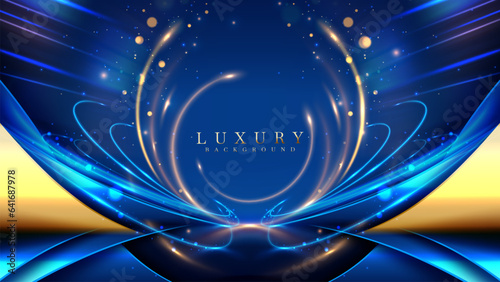 Blue luxury background with golden line decoration and curve light effect with bokeh elements. Modern art elegant dark scene.