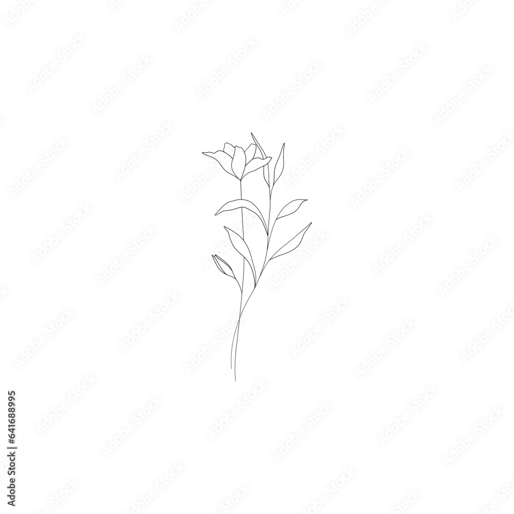 Fototapeta premium Minimalist linear flower branch. Small ornamental floral element, tiny fine line botanical leaves for tattoo sketch. Vector design
