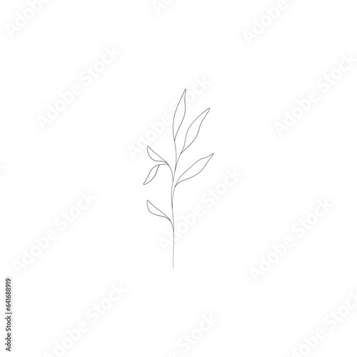 Minimalist linear flower branch. Small ornamental floral element, tiny fine line botanical leaves, tattoo sketch. Vector design