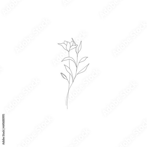Minimalist linear flower branch. Small ornamental floral element, tiny fine line botanical leaves for tattoo sketch. Vector design