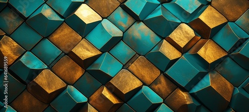 Abstract turquoise mosaic 3d tile wall texture background illustration with geometric shapes photo