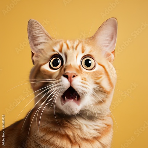 portrait of a cat shows expression of confusion, orange background