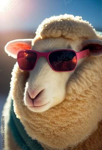 Sheep with pink wool wearing sunglasses. AI Generated