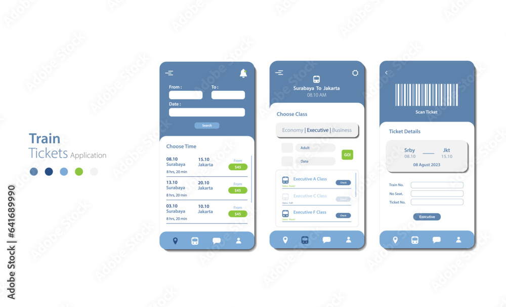 Train ticket booking design for mobile app. Graphical user interface for responsive mobile applications
