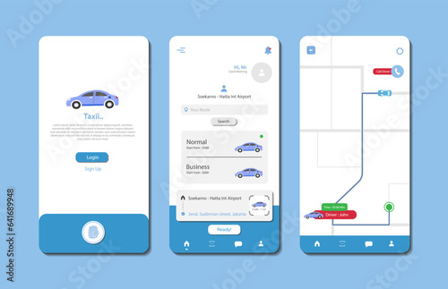 Taxi service app on mobile phone. Graphical user interface for responsive mobile application