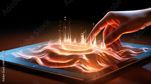 A fingertip delicately pressing a digital tablet, the ripples of light emanating from the point of contact photo