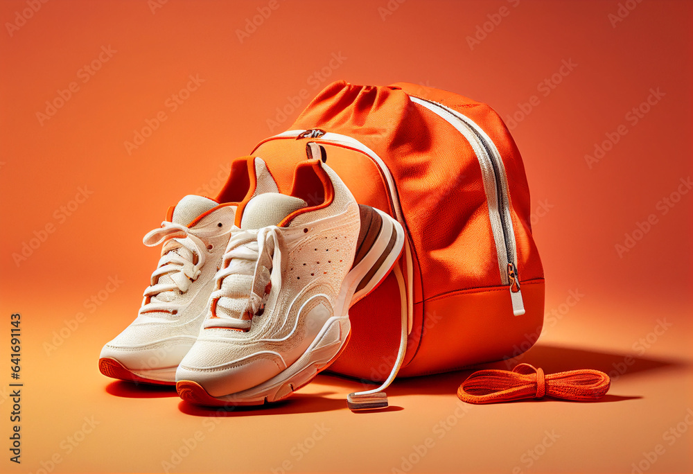 White sports shoes and a small briefcase on an orange background. AI Generated - obrazy, fototapety, plakaty 