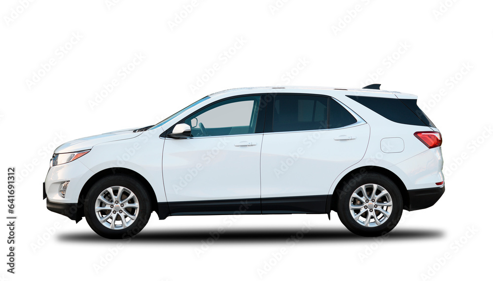 Modern white crossover car on a white background with shadow.