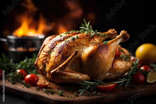 Whole Fried chicken with tomato and rosmarine on dark background. Commercial promotional photo