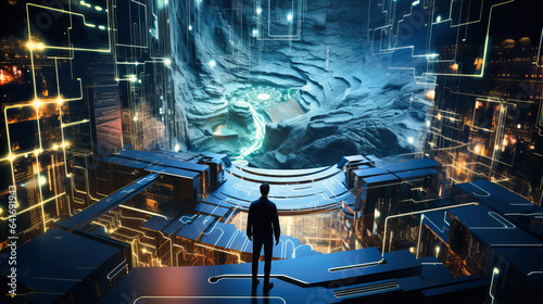 Engineers navigating through a vast virtual landscape, representing the simulated environments crafted within a supercomputer