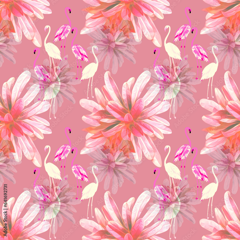 Vector - Flamingo birds with exotic flowers seamless pattern.