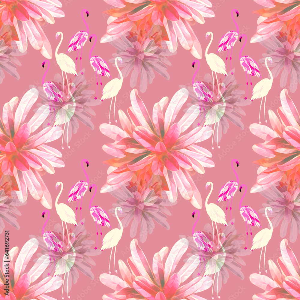 Fototapeta premium Vector - Flamingo birds with exotic flowers seamless pattern.
