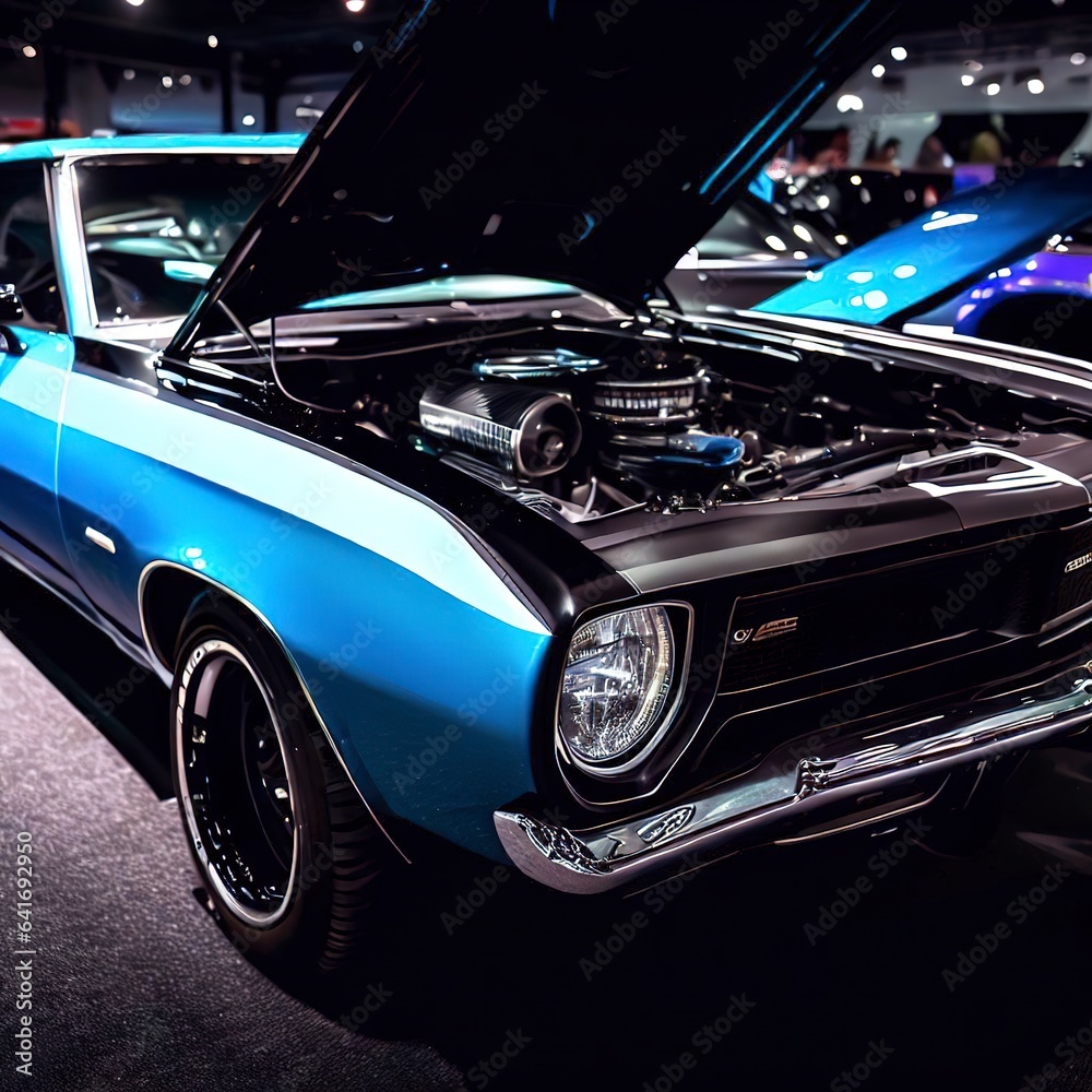 A blue and black muscle car