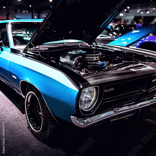 A blue and black muscle car