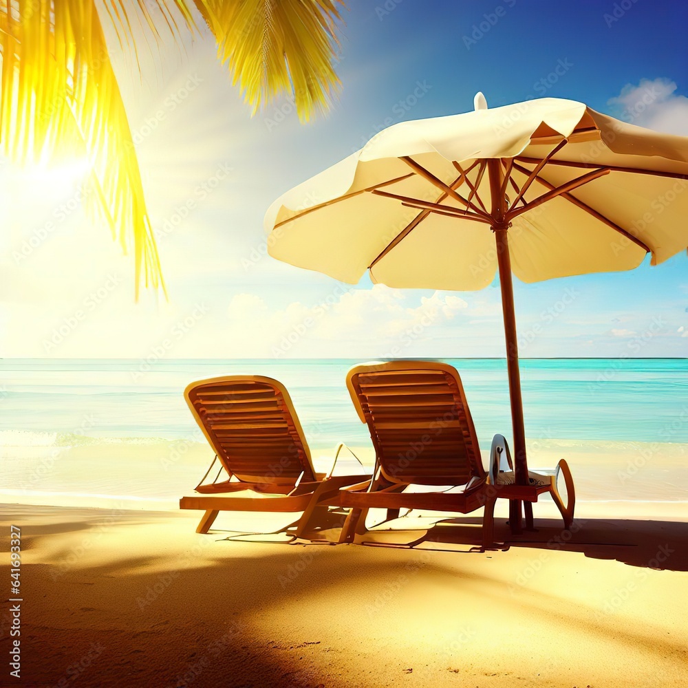 Relax on tropical beach in the sun on deck chairs under umbrella