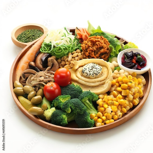 Vegetarian lunch on wooden plate with variety on white background