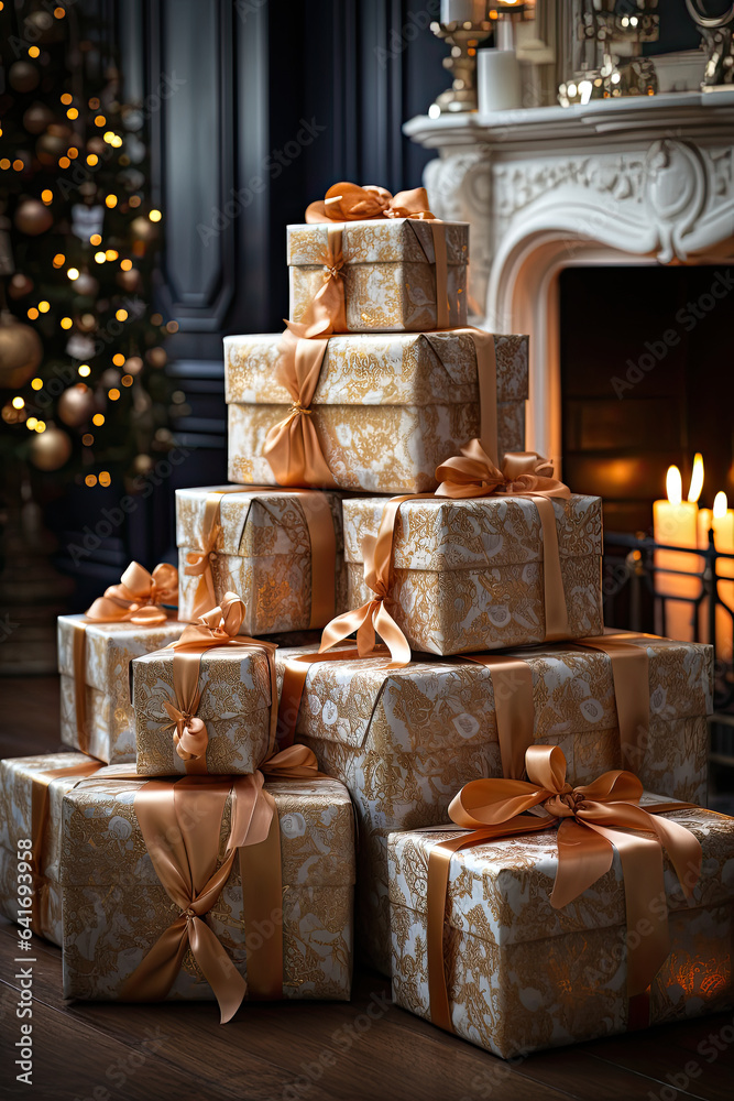 Wrapped Christmas presents with tree and fireplace in background.