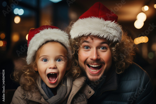 Happy dad and daughter laughing at camera at christmas day - Generative AI
