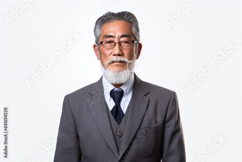 Portrait of Asian Senior Businessman with Grey Hair and Beard on White Copy Space photo