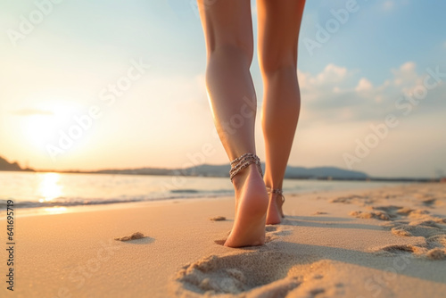 Close-up of a young woman's feet walking happily on the sandy beach against a beautiful blue sky. Lifestyle concept suitable for vacations and holidays.