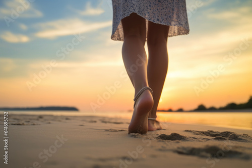 Close-up of a young woman's feet walking happily on the sandy beach against a beautiful blue sky. Lifestyle concept suitable for vacations and holidays. © cwa