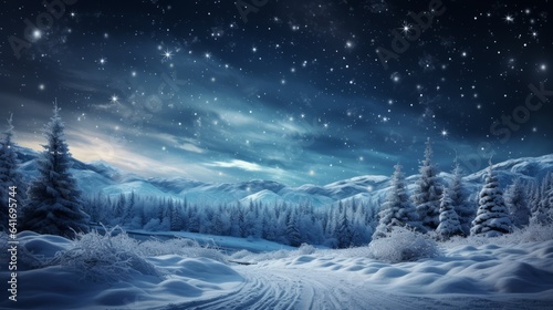 SERENE WINTER NIGHT: TRANQUIL FOREST LANDSCAPE WITH SNOWFLAKES, FROZEN TREES, AND STARLIT SKY © senadesign