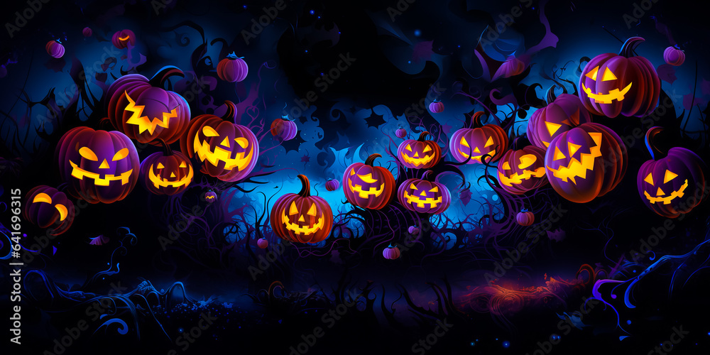 Fototapeta premium cartoon illustration of Jack o lantern pumpkins in a scary dark foggy forest, Halloween concept