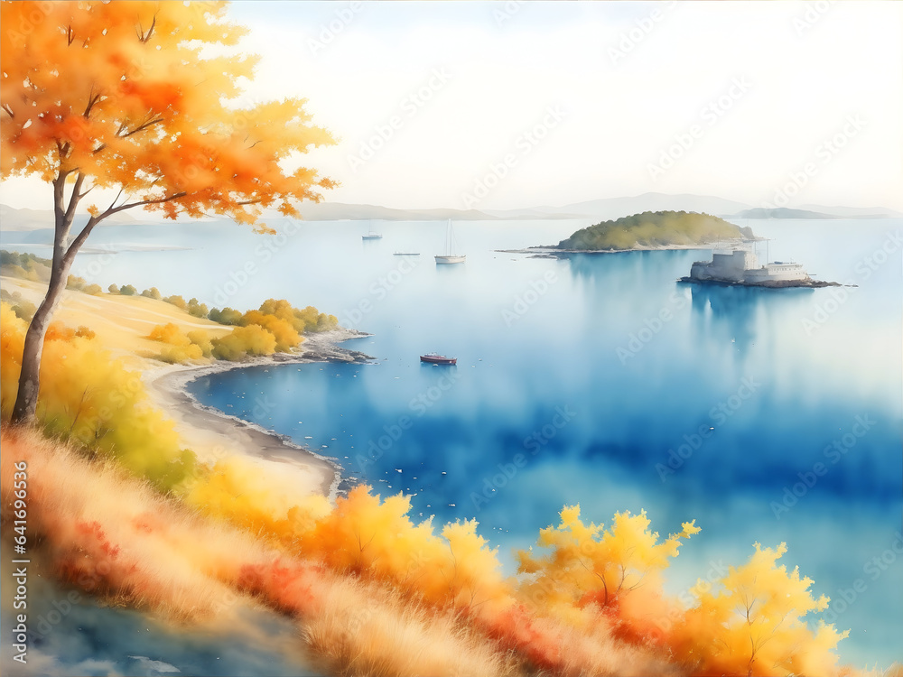 Autumn watercolor sea view 