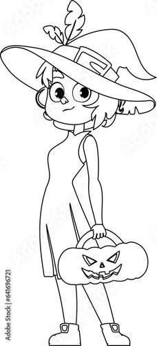 A little girl is wearing a witch costume. She is super excited and can hardly wait for Halloween. She has a pumpkin in her hands.Linear style.