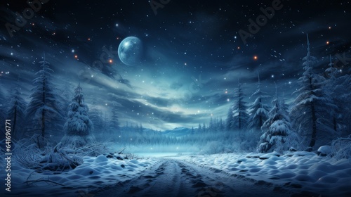 SERENE WINTER NIGHT: TRANQUIL FOREST LANDSCAPE WITH SNOWFLAKES, FROZEN TREES, AND STARLIT SKY