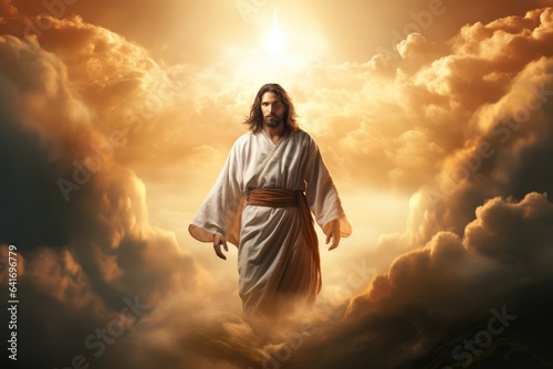 Jesus Christ walking on the clouds with dramatic sunlight in the background.