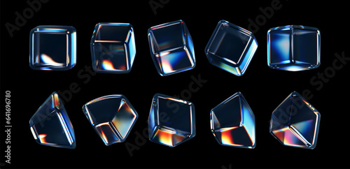 3d crystal glass cubes with refraction and holographic effect isolated on black background. Render transparent glass rotate box with overlay dispersion light, rainbow gradient. 3d vector illustration