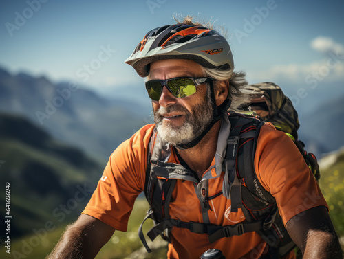 senior riding bike on the mountain