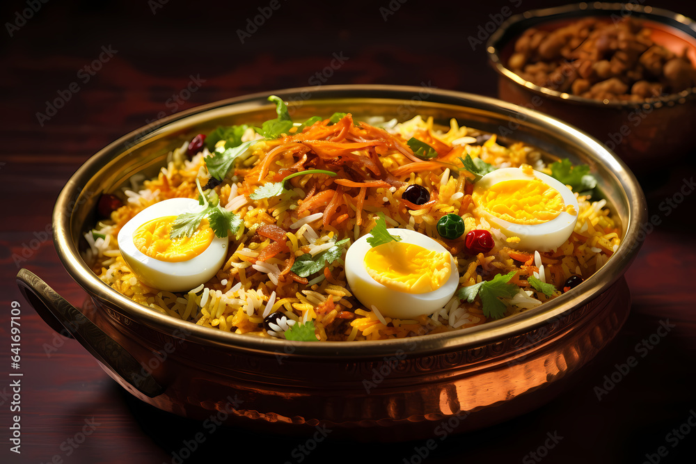 Egg Biryani Indian Appetizer served on colorful bowl plate or dish